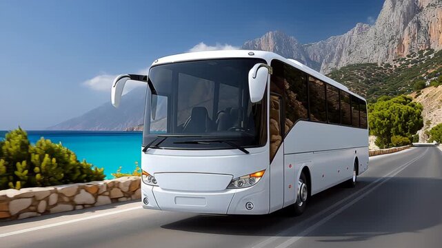 White luxury bus travels along scenic coastal road, showcasing stunning ocean views and rocky mountains, with dynamic camera movement zooming in on the vehicle's details and surroundings