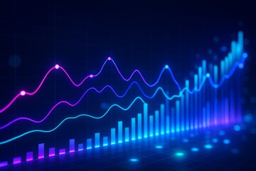 Glowing neon financial chart with rising bar and line graphs on dark digital background representing data analytics and market growth concept. Ai generative