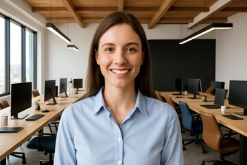 Confident young businesswoman smiling in modern open office with minimalist design and collaborative workspace environment during daytime work hours. Ai generative