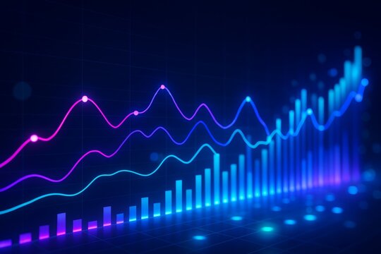 Glowing neon financial chart with rising bar and line graphs on dark digital background representing data analytics and market growth concept. Ai generative - Powered by Adobe