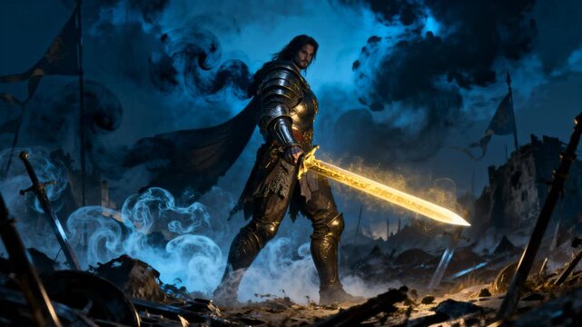 cinematic commander walking ruins swirling smoke glowing blade powering up fantasy action