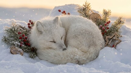 Naklejka premium Arctic Fox Sleeping in Snow - A white arctic fox curled up asleep in a snowy landscape, surrounded by winter foliage and berries