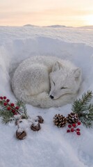 Naklejka premium Arctic Fox Nap in Snow - Arctic fox curled in the snow, a symbol of serenity, resilience, purity, winter stillness, and nature's beauty. A winter scene evokes a sense of peace