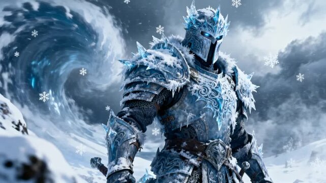 cinematic ice war general snowstorm dramatic frost armor patterns fantasy