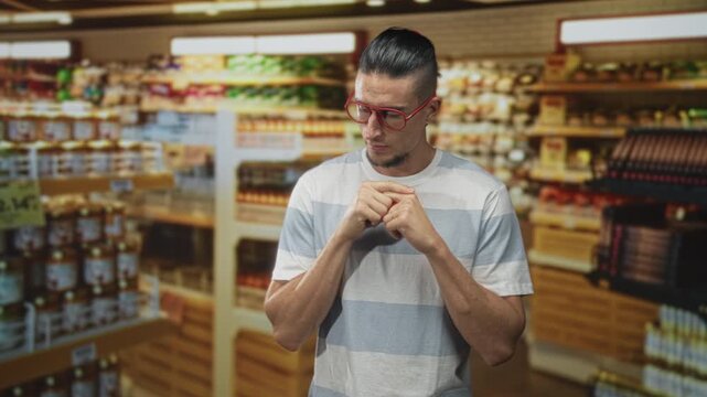 Man wearing red glasses and striped t shirt in a supermarket aisle fidgets with his fingers and a small ring inside a store building; pensive decision.