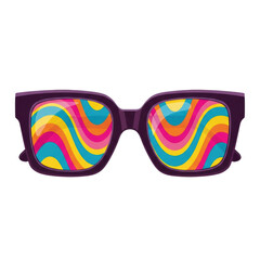 Retro square-frame sunglasses with thick purple frames and psychedelic wavy lenses (yellow, orange, pink, blue), isolated flat vector product shot on white background, concept of 70s summer nostalgia