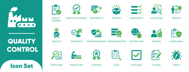 Quality control and QA vectors. Features factory, audit, shield, and defect symbols. Ideal for manufacturing UI, compliance apps, and inspection forms.