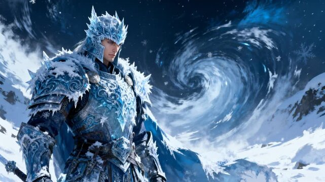 cinematic ice war general snowstorm dramatic frost armor patterns fantasy