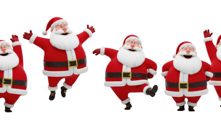 cheerful group of plump, stylized 3d cgi santa claus characters in vibrant red suits, dancing and jumping on a bright white studio background. concept for festive holiday celebration
