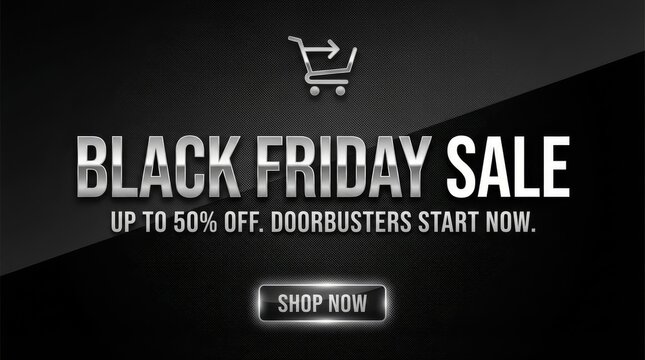 Black Friday Sale Announcement - A promotional for Black Friday, announcing a sale with up to 50% off and doorbusters starting now