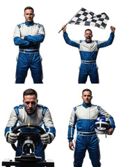 Handsome mid-30s caucasian race car driver in detailed blue firesuit, captured in a four-panel collage against a transparent studio backdrop, showing poses of confidence, victory, and focus. Concept