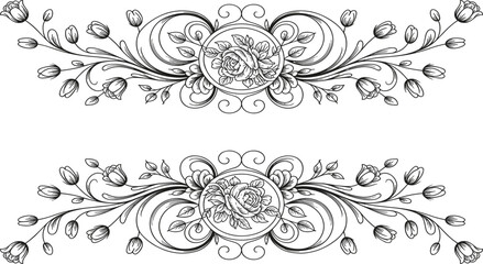 Vector Black and White Floral Decorative Border Set, Featuring Engraving Style Flowers, Leaves, Scrolls, and Antique Victorian Ornaments