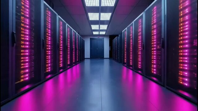A long, futuristic data center or server room hallway with rows of glowing racks illuminated by vibrant pink and blue neon lighting. Ideal for technology, AI, data, cloud computing, and IT blogs/sites