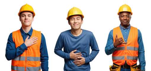 Three diverse male construction workers in yellow hard hats and safety vests, posing with varied expressions and hand gestures, isolated on a transparent background.