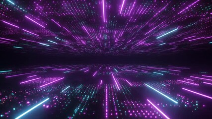 Abstract digital background with glowing neon lines and dots creating a futuristic data tunnel effect in vibrant purple and blue. - Powered by Adobe