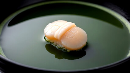 Zen tea ceremony moment of a scallop nigiri in the dark surface of a full matcha bowl, the green liquid creating an abstract background 