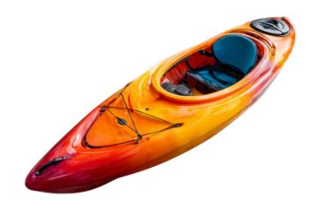 Outdoor kayak on flowing river isolated on transparent background