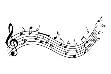 Musical Notes Illustration &ndash; Flowing Melody with Treble Clef, Rhythm Waves and Abstract Black‑and‑White Music Design