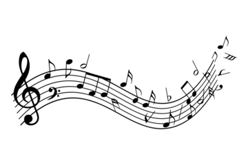 Musical Notes Illustration – Flowing Melody with Treble Clef, Rhythm Waves and Abstract Black‑and‑White Music Design