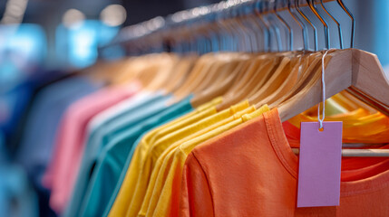 Colorful t-shirts hanging on wooden hangers in retail store
