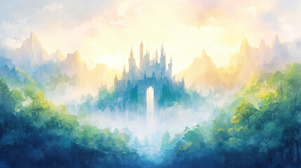Fantasy watercolor majestic castle nestled between towering mountains and mist, surrounded by lush green and blue forests, magical fairy tale concept