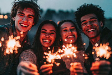 Happy friends holding sparklers at beach party, smiling and enjoying festive evening together, candid group shot with warm lighting and joyful expressions