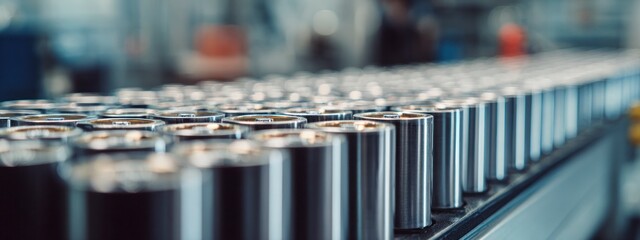 Closeup of modern lithium battery cells on automated production line, concept of energy, storage, technology, renewable power and sustainability.  banner