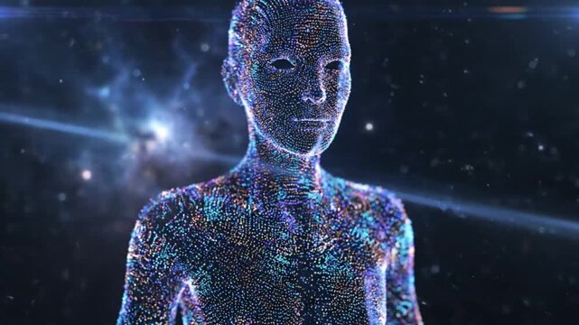 Futuristic 3D Render of a Woman's Figure Floating Against a Cosmic Starry Galaxy Background