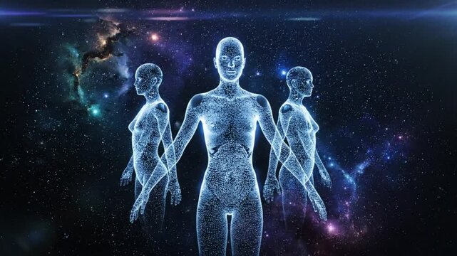Three interconnected human forms of light in the vast, starry expanse of outer space, representing energy