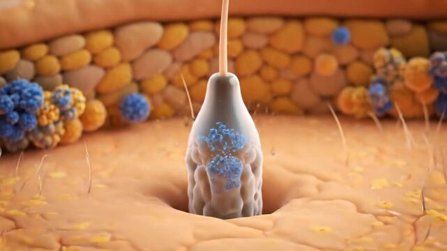 Microscopic view of hair growth in a skin follicle, showing the formation of a hair shaft