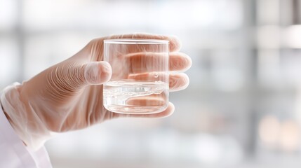 Scientist holding glass with clear liquid in laboratory during research and testing