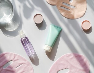 Minimalist flat lay of Korean beauty products: lavender toner, mint cream tube, and pink face masks with hard shadows on a white background.
