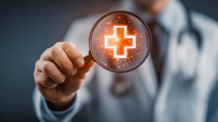 Doctor evaluating health care and medical research with magnifying glass