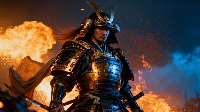 heroic samurai general cinematic action epic armor embers wind reflecting light