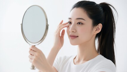 手鏡で肌の状態をチェックするスキンケア女性