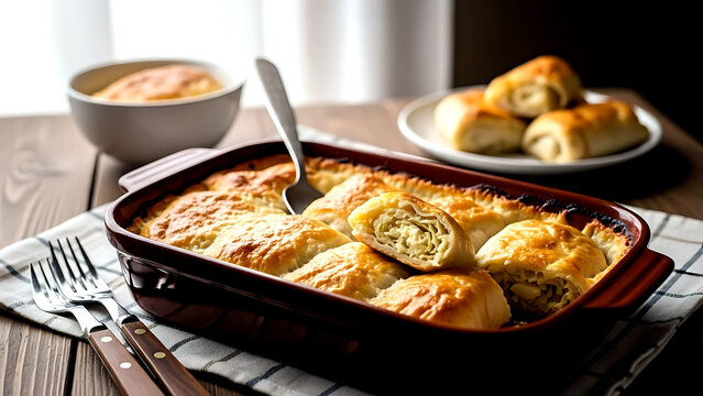 Still life, Rustic farmhouse style of Croatian zagorski &scaron;trukli, baked pastry rolls filled with fresh cheese, cabbage, in a traditional ceramic baking dish with a golden-brown crust 