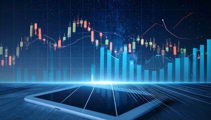 Digitally enhanced composition of a tablet and stock market data visualization, featuring bar charts and candlestick graphs