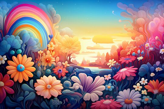 Naklejki Anime style beautiful flowers and rainbow