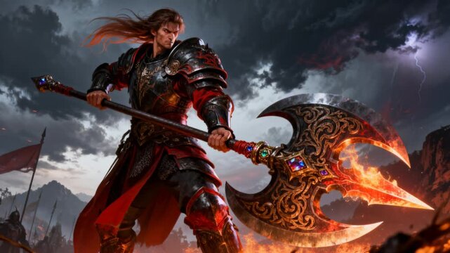 fantasy commander holding oversized halberd flames reflecting wind whipping cinematic action
