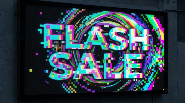 Dynamic Flash Sale Advertisement with Pixel Distortion - A vivid "Flash Sale" sign is displayed using a retro pixelation effect, symbolizing urgency, deals, discount, and limited time offers in a