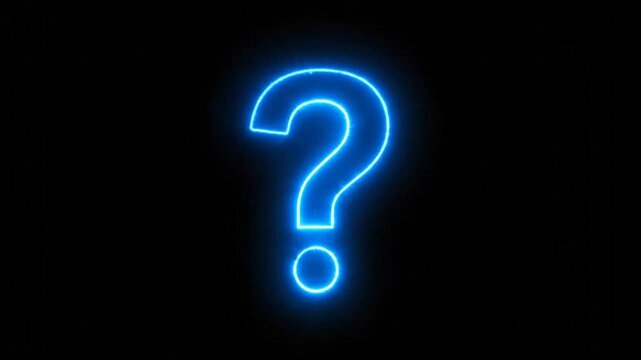 Bright blue neon question mark icon on a dark black background asking questions in a visual representation of confusion and inquiry.