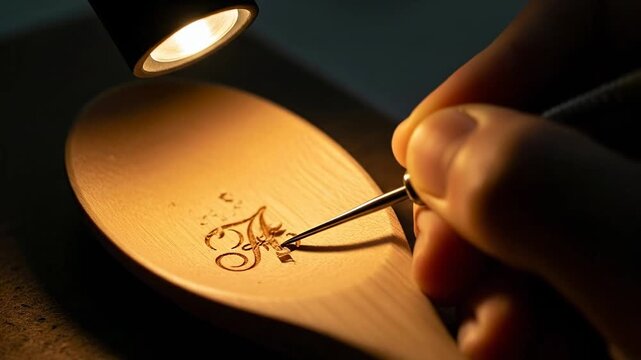 Close-up of a persons hand meticulously carving an intricate design onto a wooden spoon under a focused light, showcasing craftsmanship and attention to detail.
