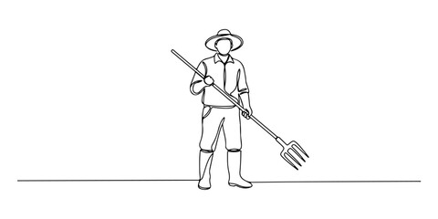 Continuous one line of a farmer with pitchfork, symbolizing agriculture, tradition, and work, hand drawn vector illustration.
