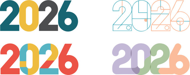 Vector collection featuring four distinct typographical designs for the year 2026, including bold geometric, minimalist line art blueprint, colorful segmented blocks, and soft pastel rounded styles fo
