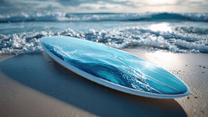 Surfboard on the beach at sunset
