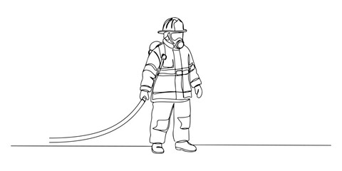 Continuous one line of a firefighter with helmet, representing bravery, rescue, and protection, hand drawn vector illustration.