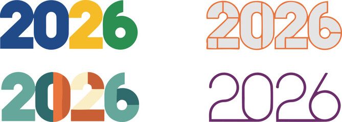 Vector typography set featuring four unique designs for the year 2026, including bold solid colors, technical orange outline, retro geometric color blocks, and minimalist thin purple lettering suitabl