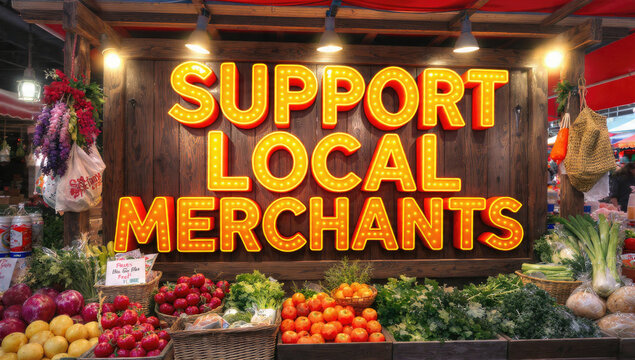 Support Local Merchants Sign at Farmers Market - Powered by Adobe