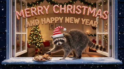 Festive Raccoon Christmas Window Scene - Raccoon in a Santa hat reaching for cookies by an open window, with Christmas tree in the background symbolizing cheer, warmth, celebration, joy, and merriment