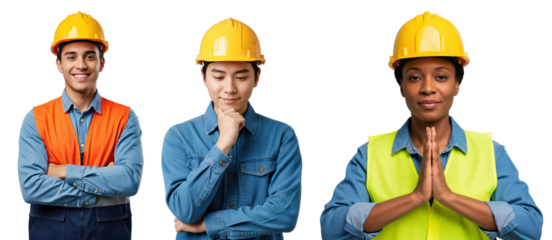 Diverse group of three young adult construction workers, two men and one woman, wearing yellow hard hats and safety vests, posing professionally against a transparent background.